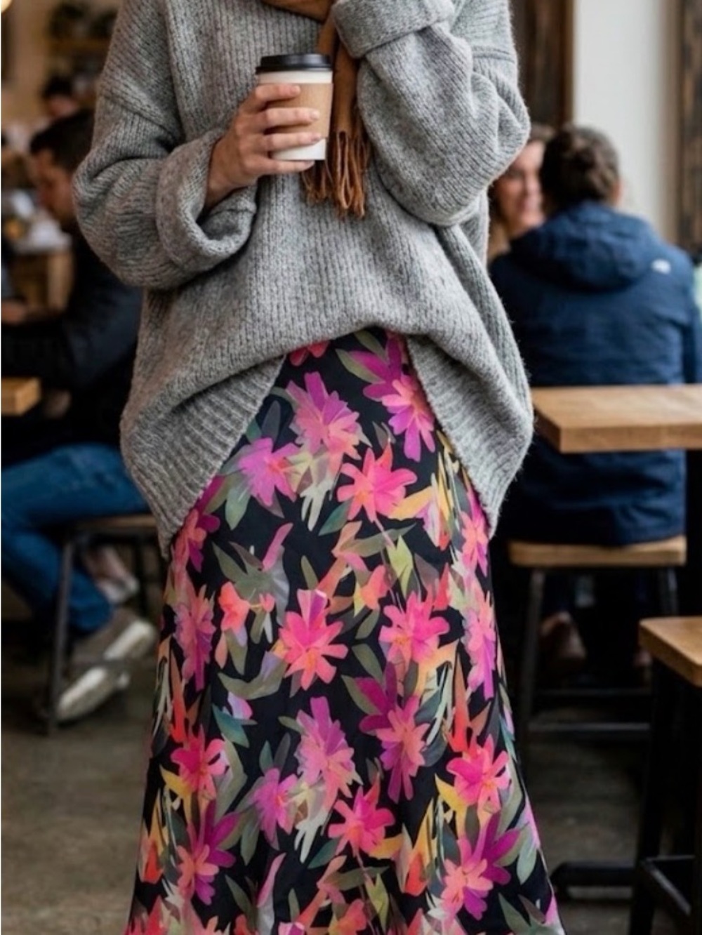 Vince Camuto Black A-Line Skirt with Pink and Green Floral Print